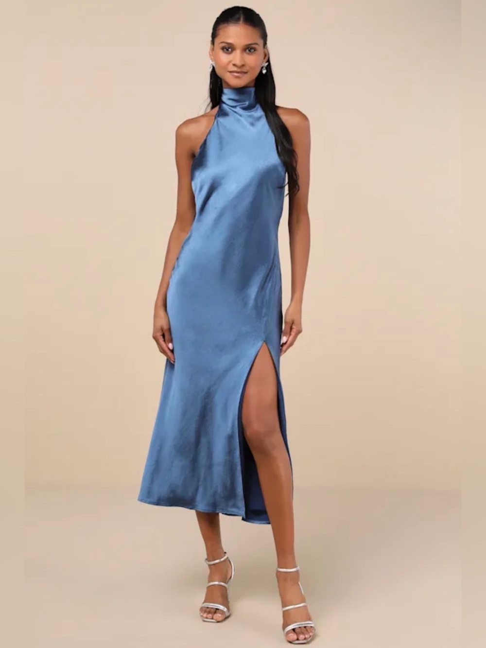 Satin High-Neck Blue Slit Midi Dress